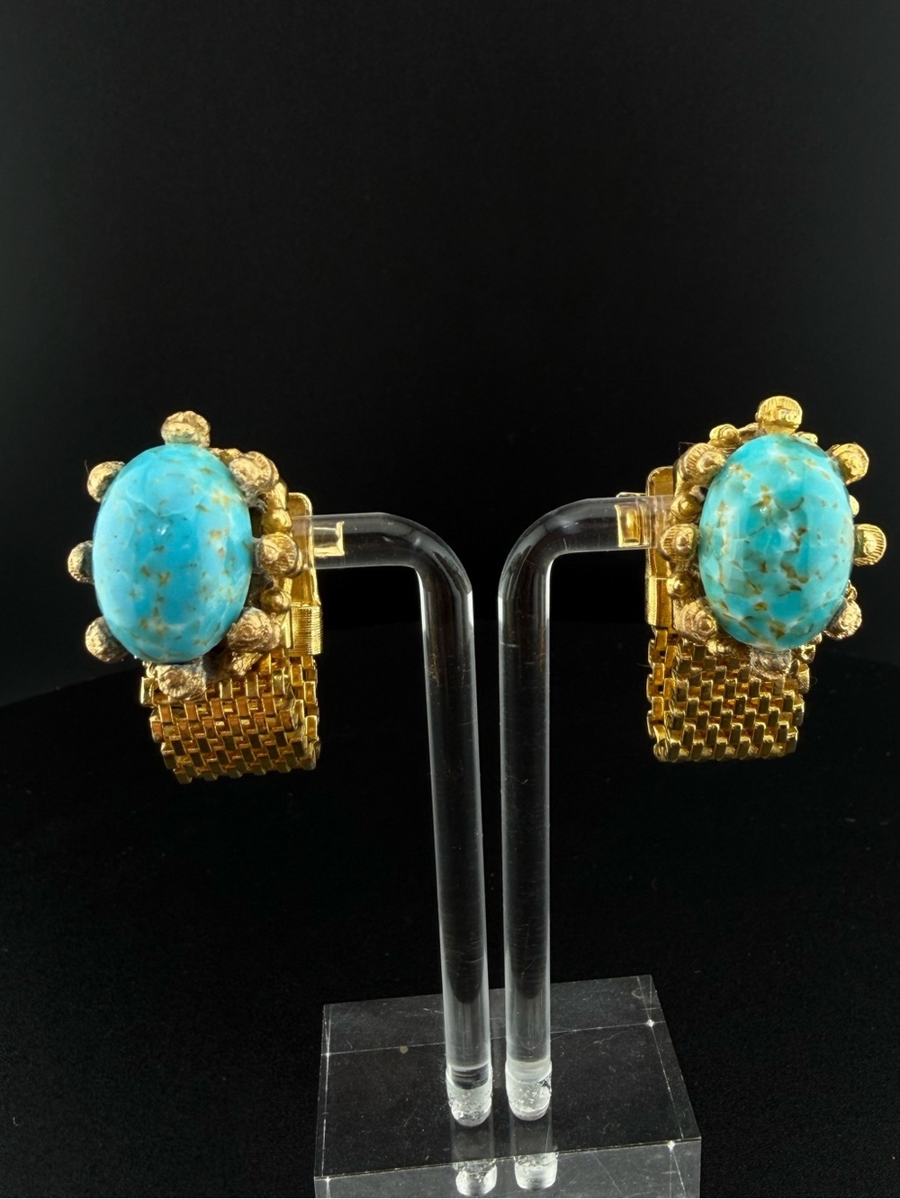 Vintage Mesh Wrap Cufflinks Faux Turquoise Matrix Cabochon YSL Arty Style